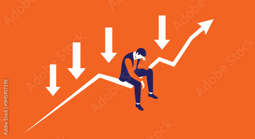 Businessman sitting on declining chart during market drop