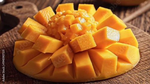 Freshly cut mango fruit on wooden surface food photography