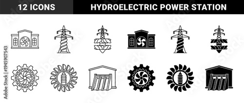 Hydroelectric power station and renewable energy hybrid icons featuring water turbine blades merged with electrical transmission towers and dam structures