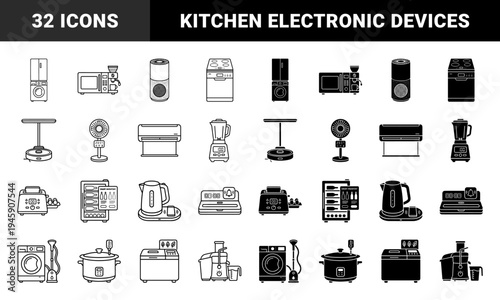 Smart Home Appliance Icon Set Featuring Hybrid Designs of Refrigerators Washing Machines Microwaves and Kitchen Gadgets in Outline and Solid Style
