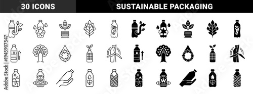 Sustainable plastic bottle hybrid icons merging beverage packaging with environmental symbols like recycling arrows green leaves and renewable energy turbines