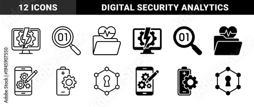 Data Optimization and Digital Security Hybrid Symbols Featuring Cogwheel Integration and Binary Analytics in Dual Outline and Solid Style