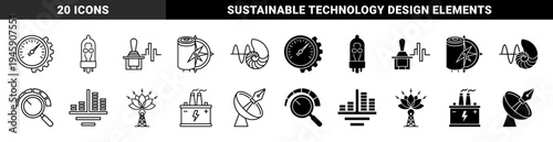 Monochrome hybrid symbols merging industrial energy with organic forms featuring vacuum tube battery compass nautilus shell and lotus flower antenna