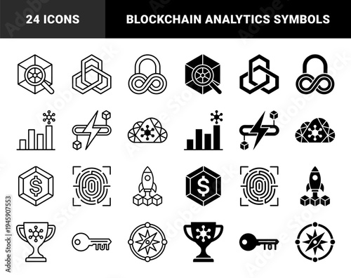 Hybrid Blockchain and Data Science Icons featuring Hexagonal Magnifiers Interlocked Links Cloud Nodes and Cryptographic Security Symbols in Dual Stroke and Solid Styles