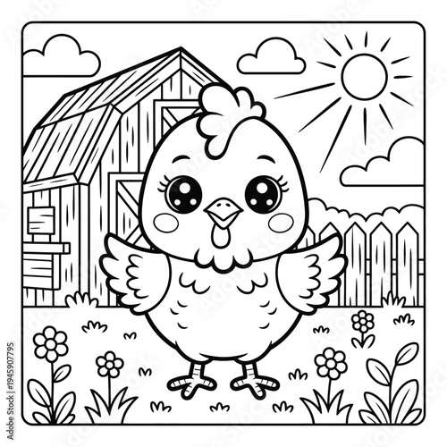 Cute Chick in a Farmyard with Barn and Flowers Coloring Page
