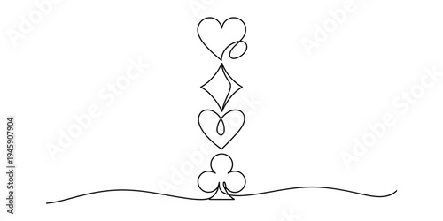 A minimalist single line drawing showcasing four playing card suit symbols on a white background Vector, illustration
