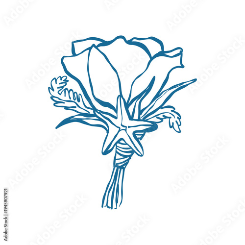 Vector illustration of a wedding boutaniere for the groom. Coastal wedding theme. Nautical decor. Wedding flower outline clip art in blue.