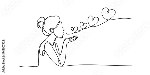 A continuous line drawing of a woman blowing hearts from her cupped hands, symbolizing love Vector, illustration