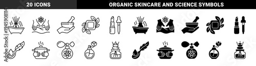 Wellness and Aromatherapy Hybrid Icons Combining Spa Elements with Molecular Science and Botanical Symbols for Holistic Health and Beauty Care