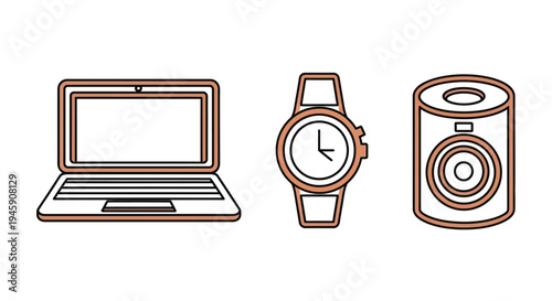 Vector graphic illustration of a laptop computer and smartwatch with a digital camera