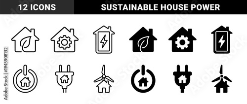 Sustainable energy home hybrid symbol collection featuring house silhouettes merged with leaf gear lightning bolt power button plug and wind turbine