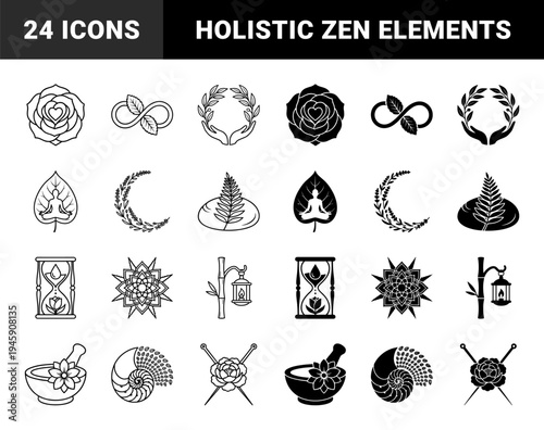 Hybrid wellness symbols merging lotus flowers with hourglass timers and meditation figures in line art and solid black silhouette styles for holistic branding