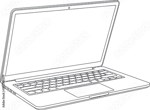 Simple black and white outline drawing of a modern notebook computer with an open screen and keyboard ready for use