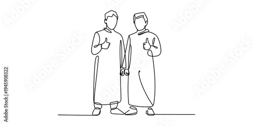 A continuous line art drawing of two men in traditional attire giving thumbs-up gestures Vector, illustration