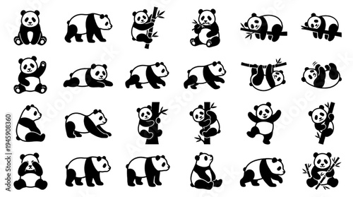 Cute Panda Action Silhouette Icon Set Vector – Adorable Panda Character Pose Collection