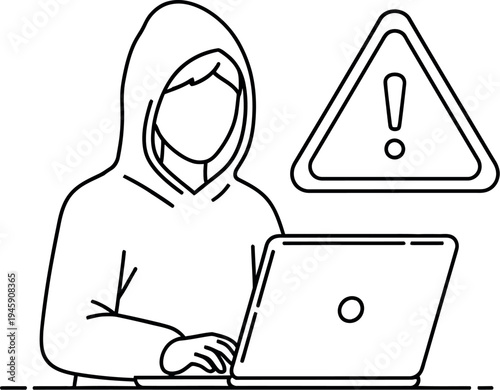 An anonymous figure in a hoodie is actively typing on a laptop computer, with a prominent warning sign indicating a potential cybersecurity threat or data breach activity.