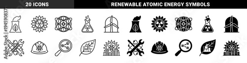 Hybrid Green Nuclear Energy Icons Merging Atomic Symbols with Natural Elements Like Leaves Sunflowers and Wind Turbines in Line and Solid Styles