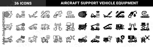 Ground support equipment and airport service vehicle icons featuring a hybrid design of linear outlines and solid silhouettes for aviation logistics