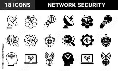 Hybrid Telecommunication and Cybersecurity Icons Merging Satellite Dishes Global Connectivity Fiber Optics and Network Protection in Outline and Solid Styles