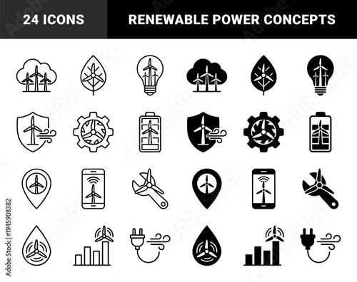 Hybrid wind energy symbols merging turbine blades with environmental and industrial elements like leaves battery shields and magnifying glass