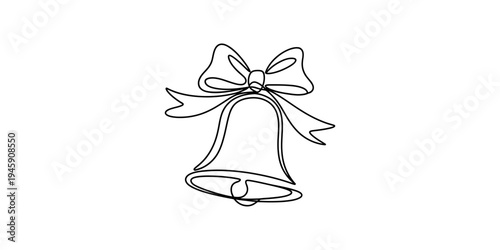 Continuous line art drawing of a festive christmas bell adorned with a decorative bow on a white background. Vector, illustration