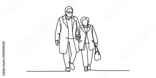 Continuous line drawing of an elderly couple walking arm in arm, symbolizing lifelong companionship and support Vector, illustration