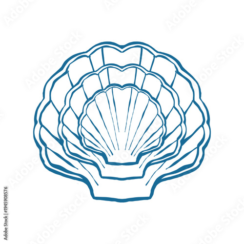 A composition of flat, doodle-style shells. A set of shell-shaped plates. Table setting in a coastal wedding style. Hand-drawn vector outline illustration isolated on a white background.