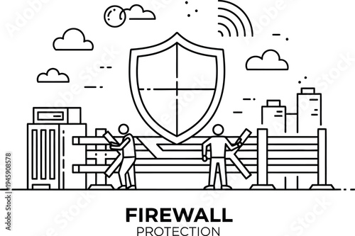 A compelling digital security concept illustration depicting a strong firewall shield guarding against incoming cyber threats, symbolizing robust network protection and data privacy measures.