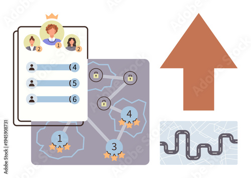 Task gamification, project management, leadership, strategy, team collaboration, planning. Leaderboard with ranked users and points, strategic map upward arrow. Task gamification and project