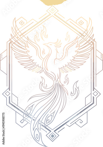 A stunning abstract line art illustration showcasing a mythical phoenix bird rising majestically within a sleek, elegant, and intricate geometric frame on a dark gradient.
