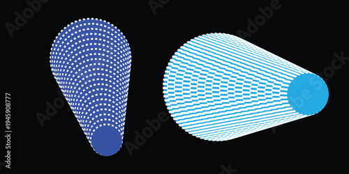 Abstract blue cone shapes vector illustration set with dotted and striped patterns on a black background, ideal for modern design projects