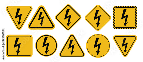 High voltage danger vector signage collection, including electrical hazard icons and warning symbols, ideal for industrial safety, electrical equipment labeling, and public awareness graphics.