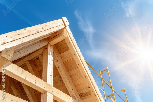 Timber frame roof under construction with scaffolding against clear blue sky