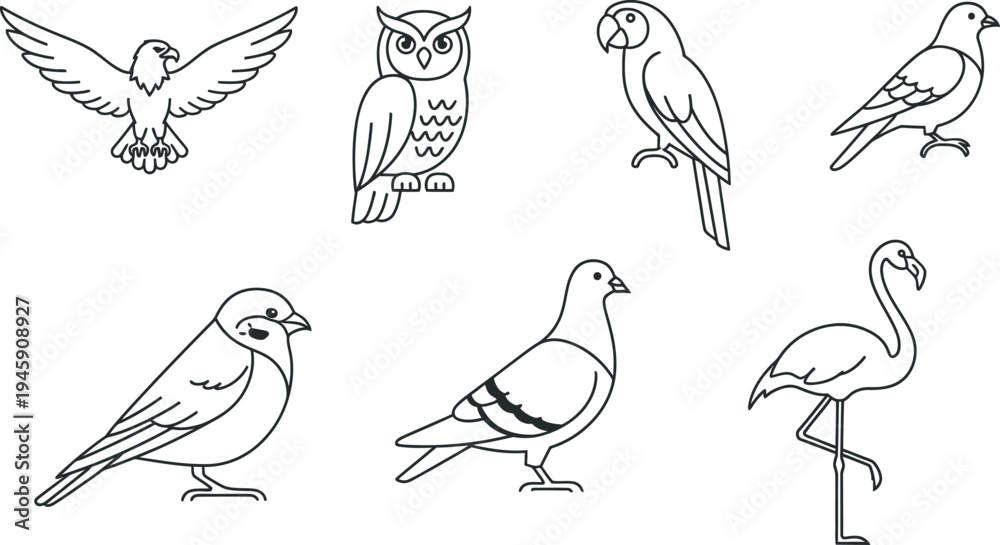 Fototapeta premium Collection of seven distinct stylized black line art illustrations depicting various common and exotic birds on a white background