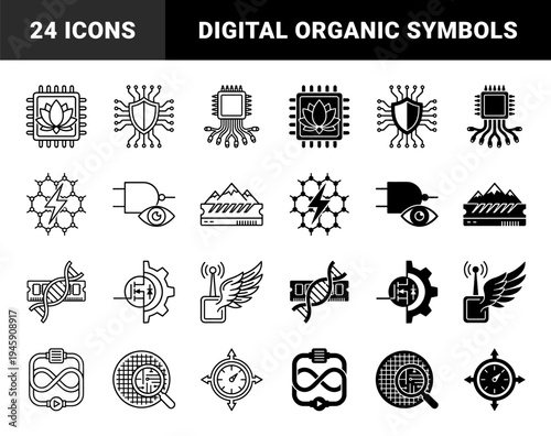 Black and white hybrid icons merging electronic components with nature and abstract symbols including lotus microchip and DNA memory module