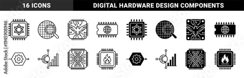 Microchip Hybrid Concept Icons Featuring Eagle Circuitry DNA Strand Processor and Thermal Monitoring Symbols in Line and Solid Glyph Style