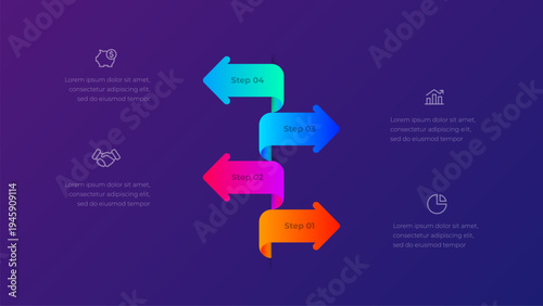 4 step arrow process infographic with alternating curved arrows forming vertical workflow sequence