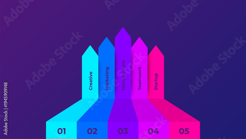 5 step vertical arrow column infographic showing sequential process stages rising from horizontal base segments