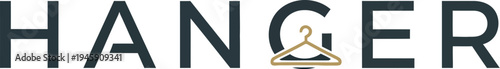 Modern and elegant wordmark logo design featuring the word hanger with a stylized golden clothing hanger replacing the letter g