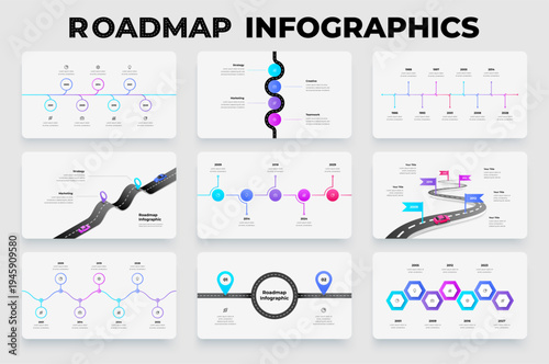 Roadmap infographic diagrams set with curved road timeline paths milestone nodes and horizontal timeline layouts