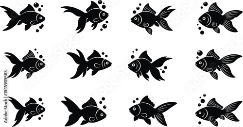 Goldfish silhouette icon set with aquarium fish and bubbles, decorative aquatic pet animal collection vector illustration