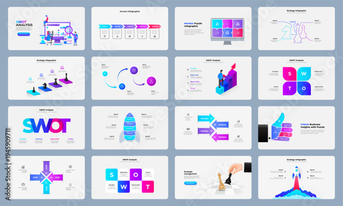 Business infographic diagrams set including SWOT analysis arrows process steps puzzle blocks and strategy chart layouts