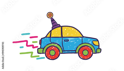 Hand-drawn vector autonomous electric car with motion lines representing smart transportation and futuristic urban mobility for Earth Day