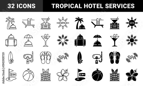 Tropical resort and luxury hotel service symbols featuring hybrid concepts like cocktail pool ladders and palm tree reception bells in linear and solid styles