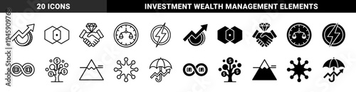 Abstract Financial Hybrid Symbols Featuring Coin Growth Arrows Partnership Diamonds Currency Trees and Protection Umbrella Graphic Elements