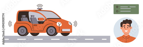 Autonomous vehicles, transportation technology, smart driving, user interfaces, wireless connectivity, electric vehicles. Self-driving car emitting wireless signals with dashboard and user portrait