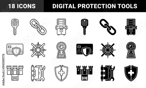 Hybrid security icons merging biometric fingerprints with keys and encrypted data servers with padlocks for advanced digital protection concepts