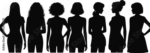 Diverse Group of Seven Women Silhouettes with Different Hairstyles and Body Types Standing Together for Empowerment and Community