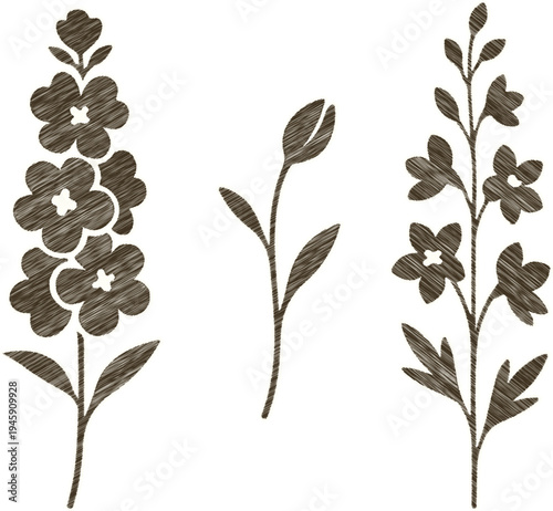 Tall Delphinium Larkspur Embroidery Silhouettes for Vertical Decor