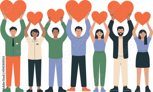 Diverse group of people holding up red heart symbols representing love and support on transparent background